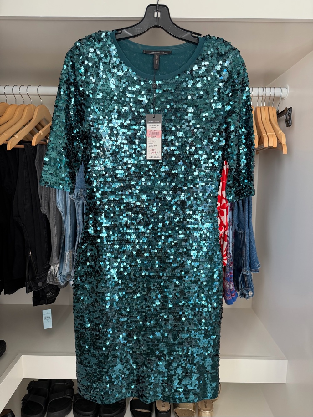 BCBGMaxAzria Teal Sequin Short Sleeve Shift Dress